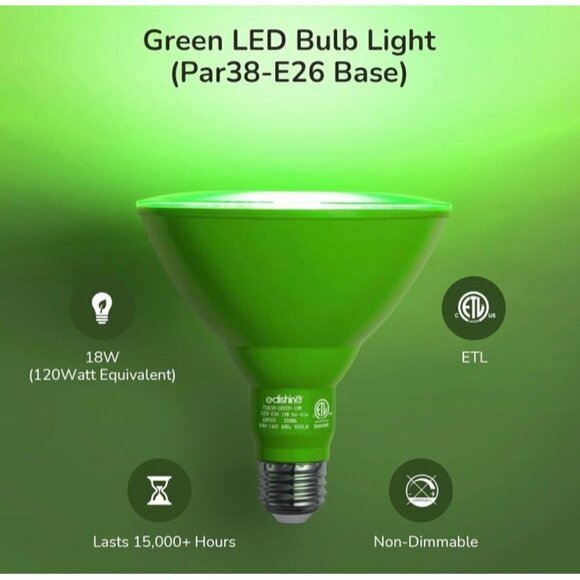 EDISHINE PAR38 2-PACK Green Flood Light LED Bulbs Outdoor Dimmable - Picture 4 of 7